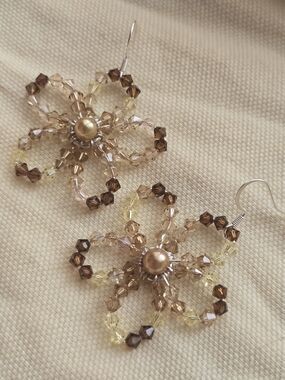 Handmade Beaded Flower Drop Earrings - Champagne and Brown